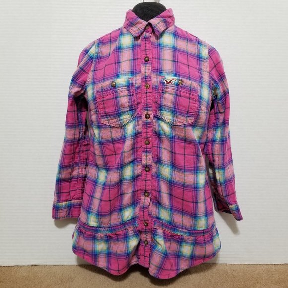 Hollister top XS plaid peplum ruffle bottom button up down 100% cotton layering - Picture 1 of 14